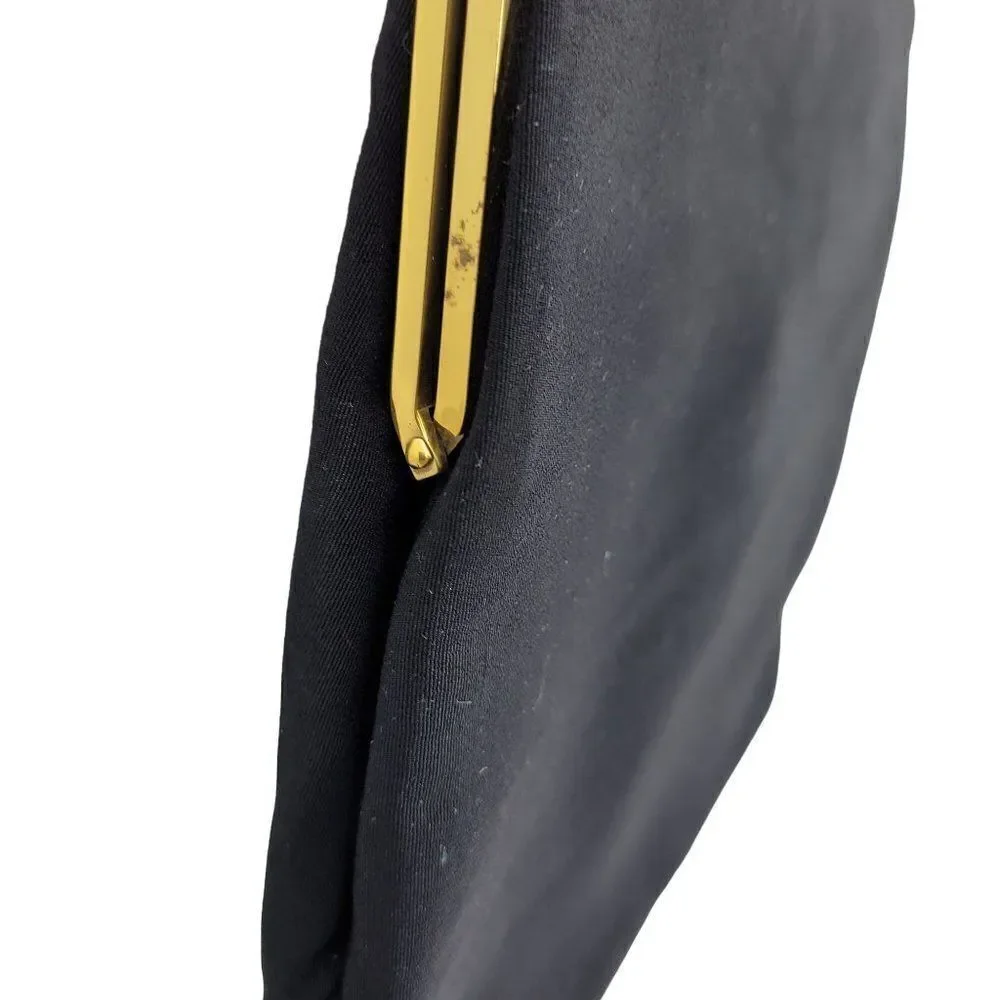 Vintage 60s Formal Evening Bag Black Gold Scalloped Trim Push Lock Clasp USA‎